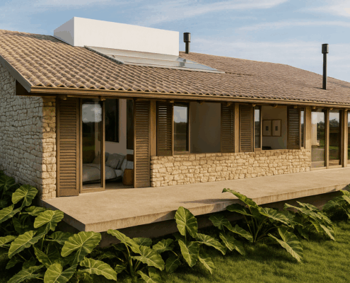 casa ecológica com telhas shingle e painéis fotovoltáicos
